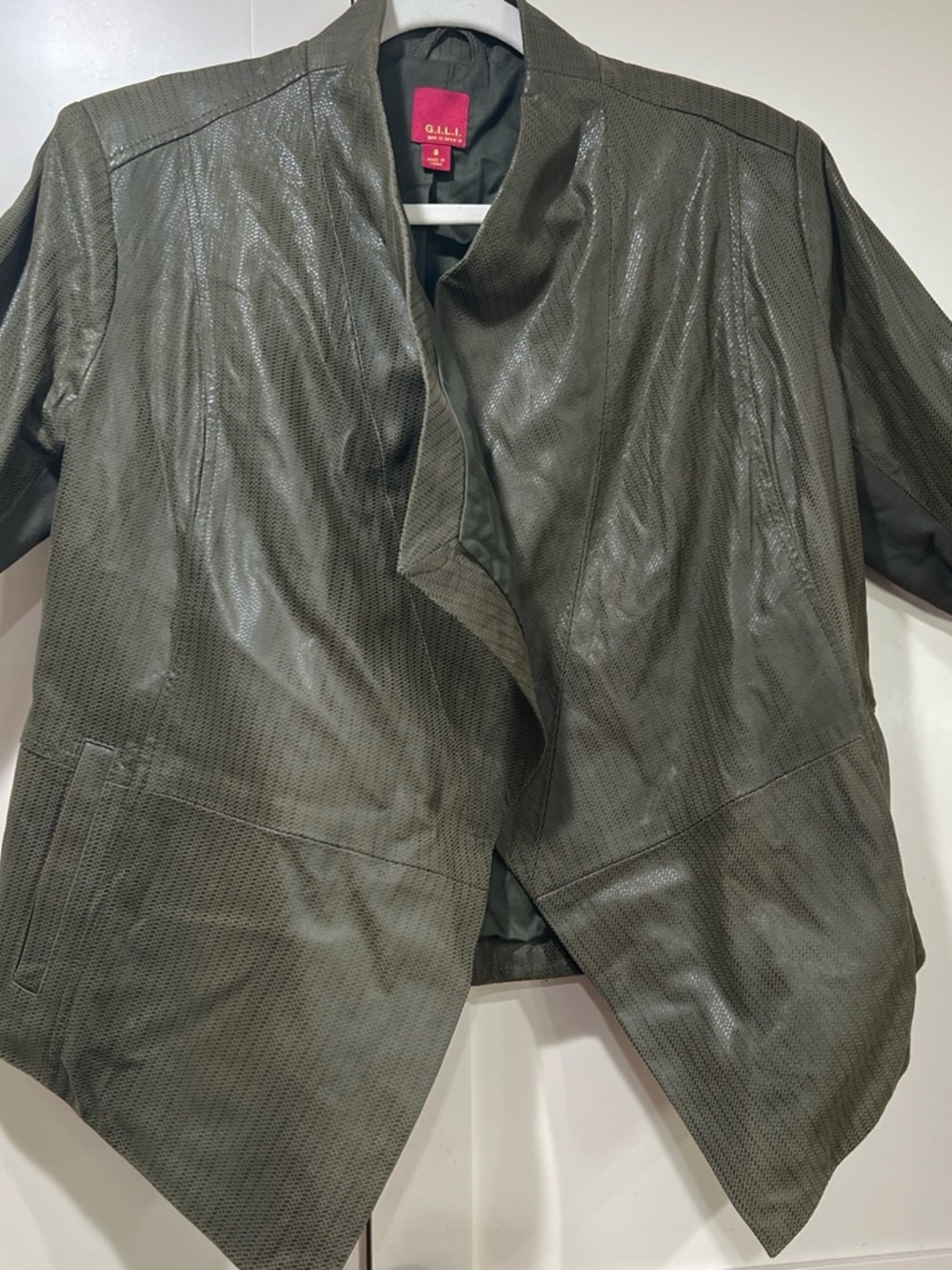 G.I.L.I. Olive Snakeskin design Open Drape Leather Jacket